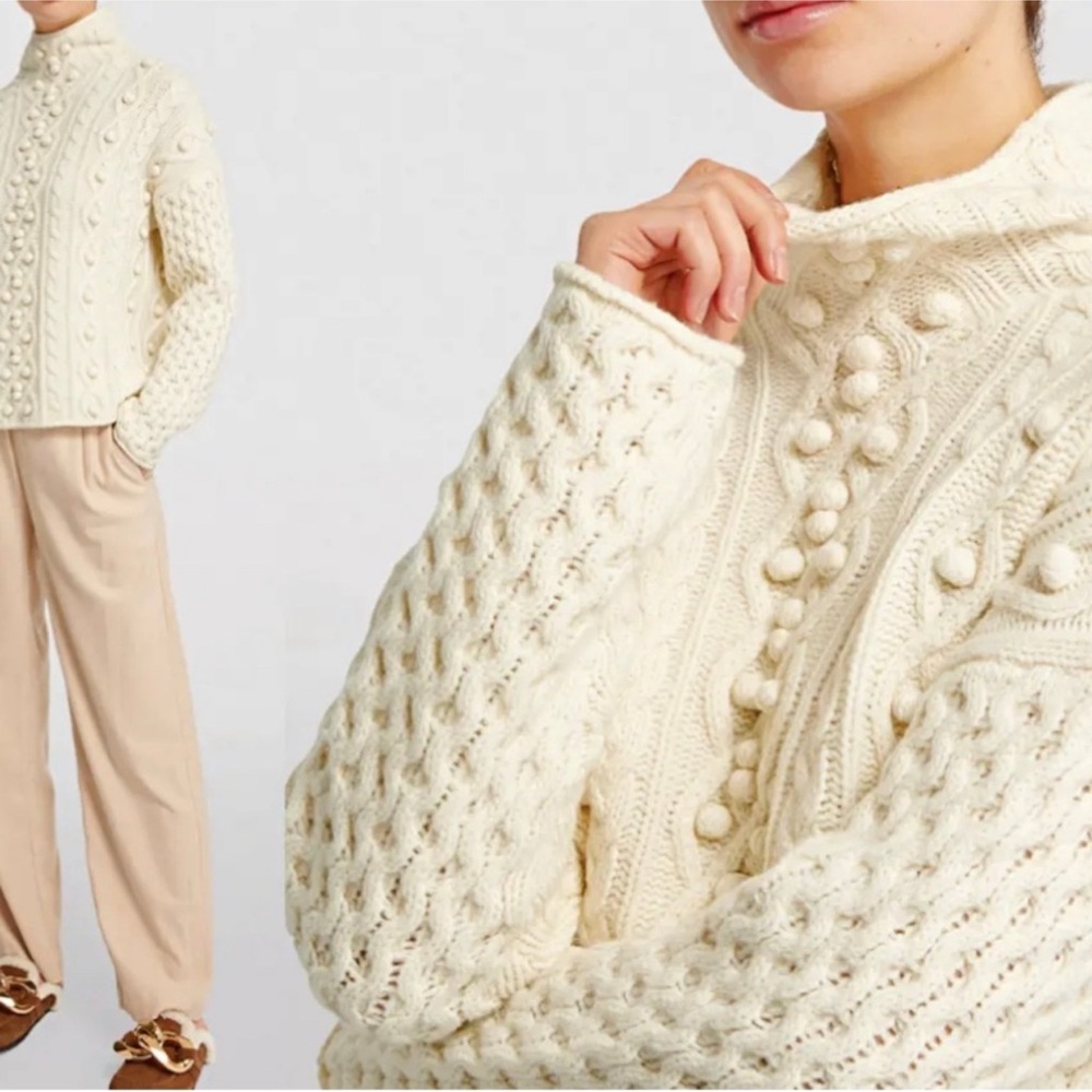 Theory Cable Knot Felted Wool Cashmere Turtleneck Ivory Sweater, M
